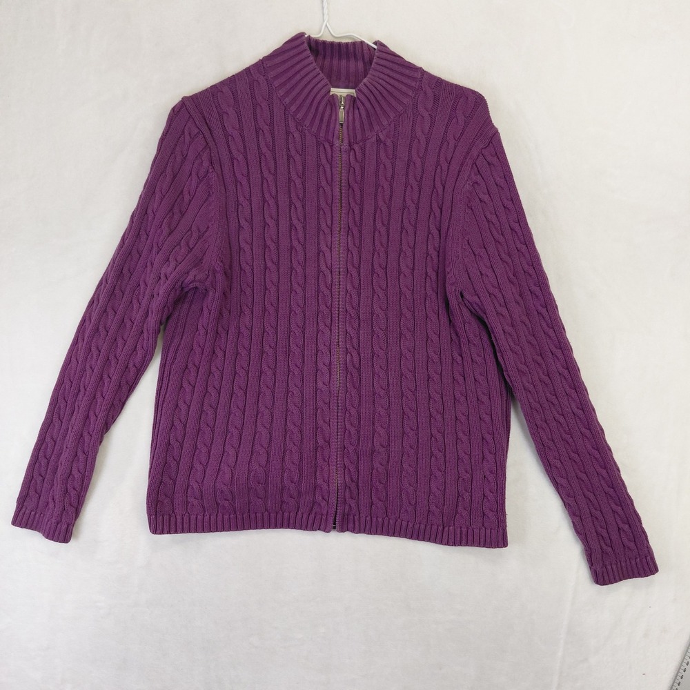 LL Bean Womens Purple Cable Knit Full Zip Cotton Cardigan Sweater Size M-REG